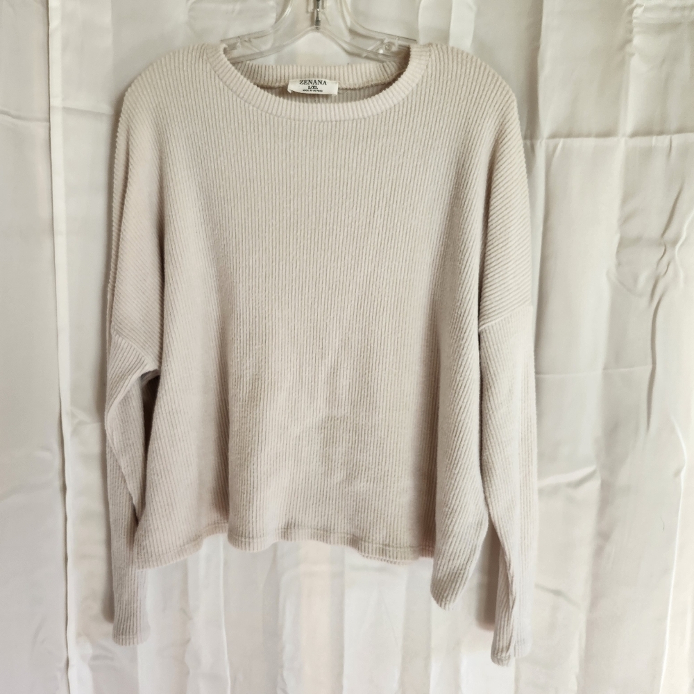 Zenana Size L/XL Cream Ribbed Women's Sweater